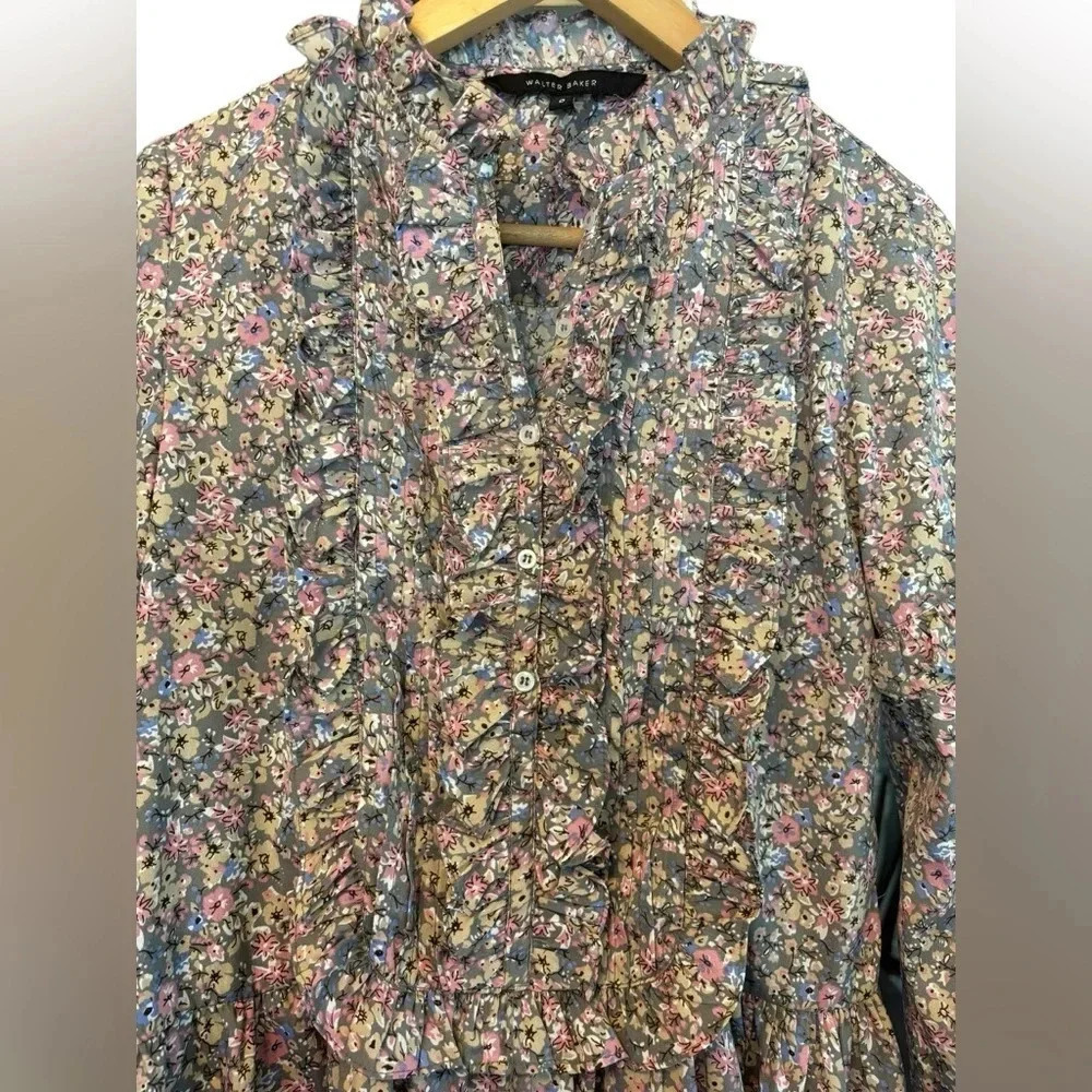Walter Baker Prairie Ruffle Floral Long Sleeve Dress Grey Pink Size 0 - Picture 2 of 6